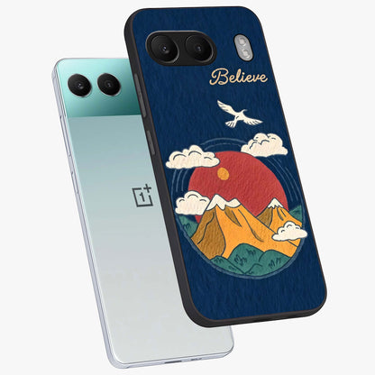 Believe Sky Escape Glass Case for 1+Nord 4 angled mockup showcasing glossy finish and serene cloud design