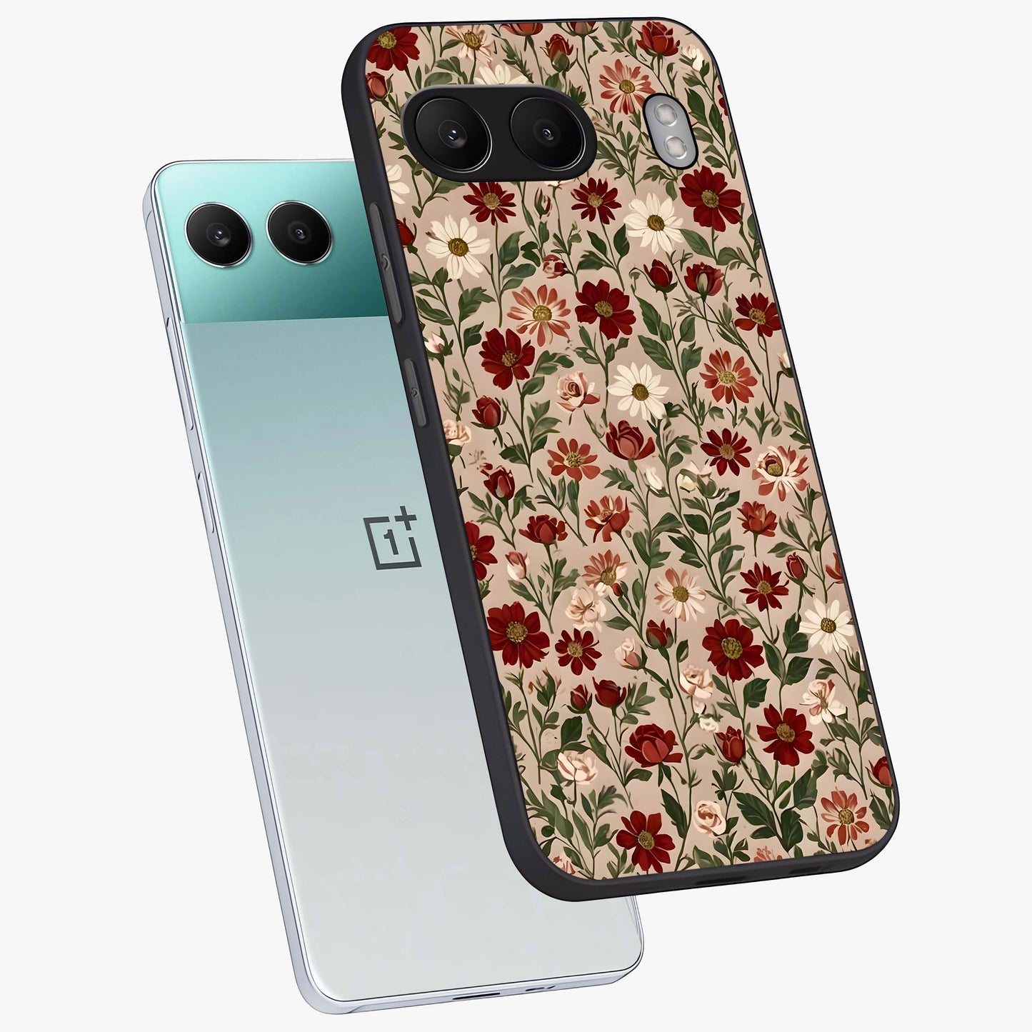 Biege Flower With Leaf Glass Case for 1+Nord 4 angled mockup showcasing glossy finish and minimal botanical design