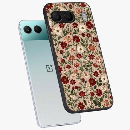 Biege Flower With Leaf Glass Case for 1+Nord 4 angled mockup showcasing glossy finish and minimal botanical design
