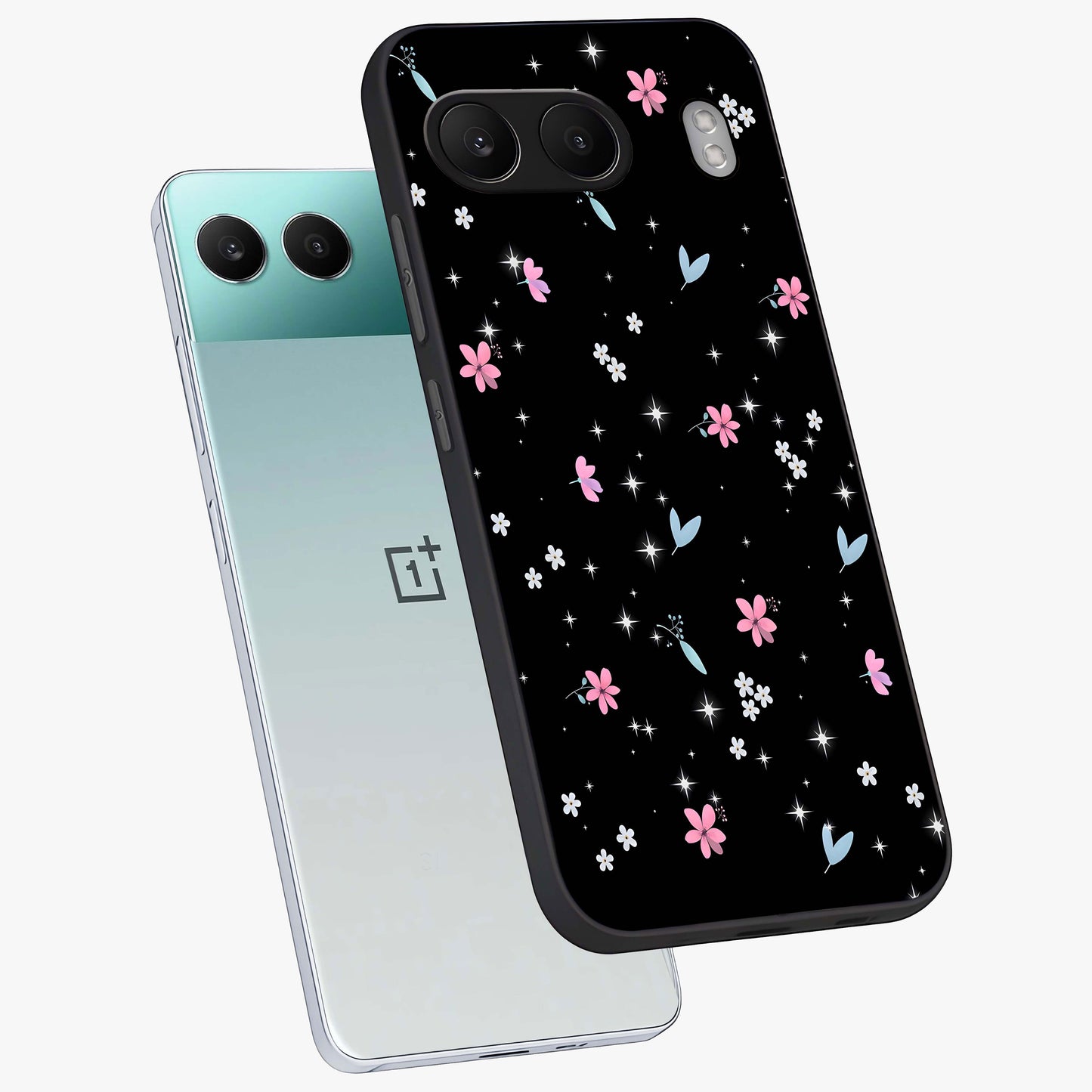 Black Aesthetic Wallpapers Glass Case for 1+Nord 4 angled mockup showcasing glossy finish and deep black tones