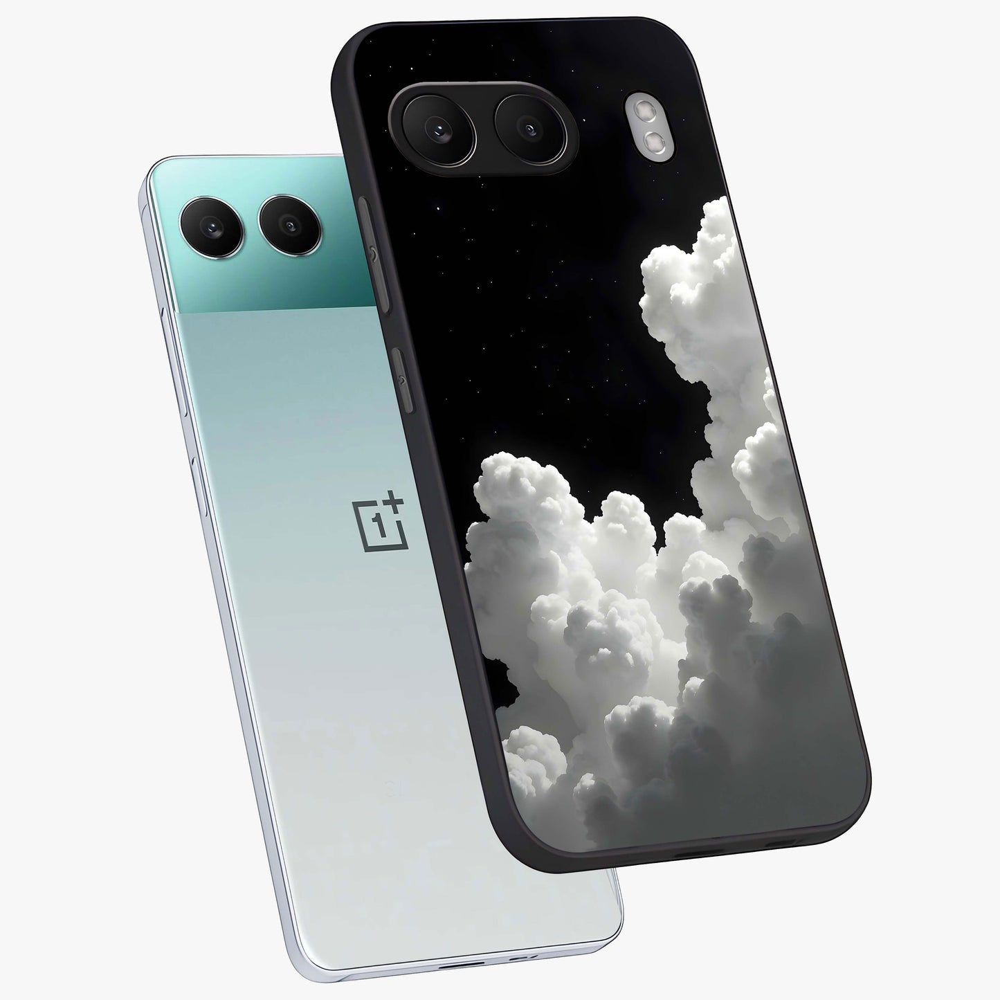 Black Background With White Cloud Glass Case for 1+Nord 4 angled mockup showcasing glossy finish and high contrast design