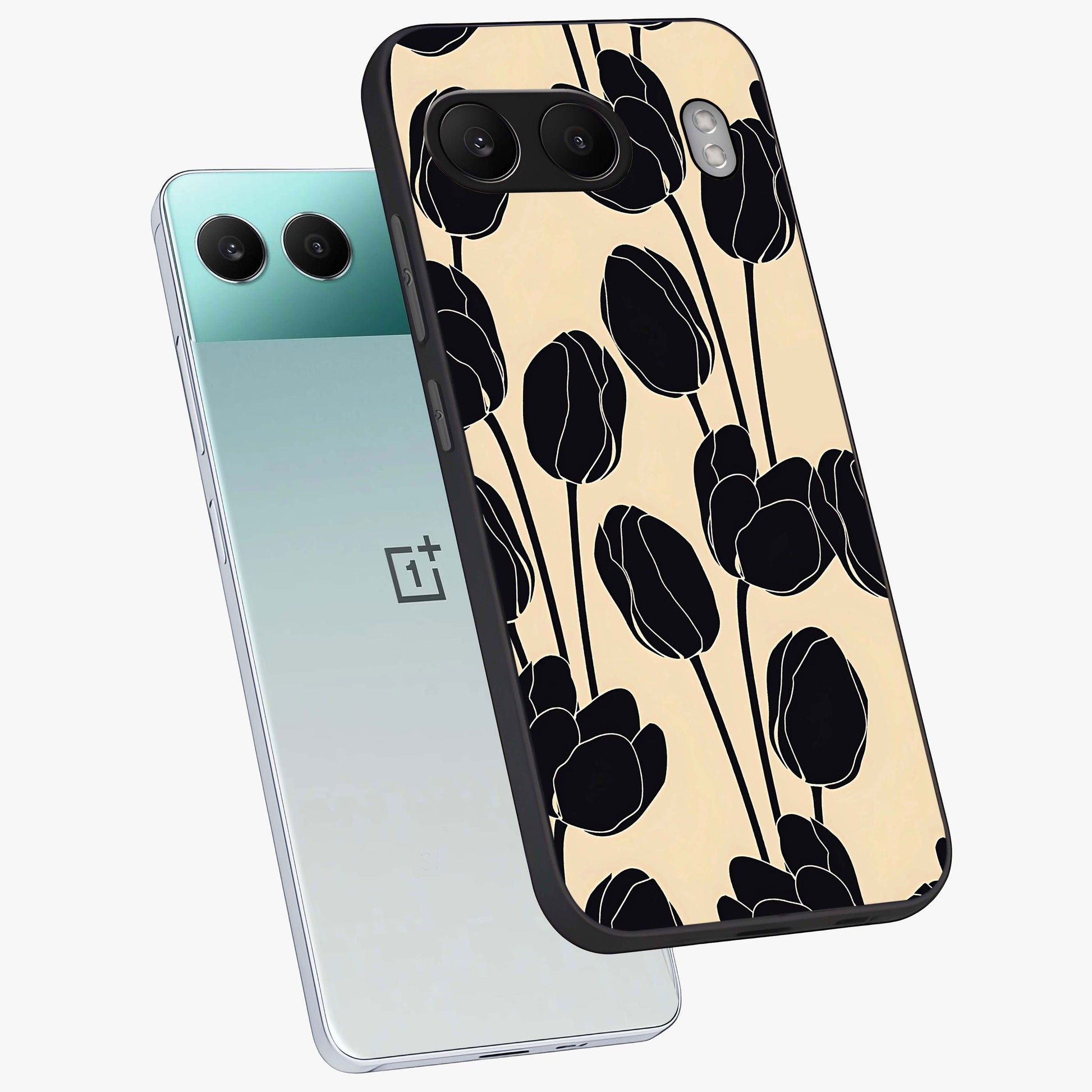 Black Designer Tulip Glass Case for 1+Nord 4 angled mockup showcasing glossy finish and premium floral detailing