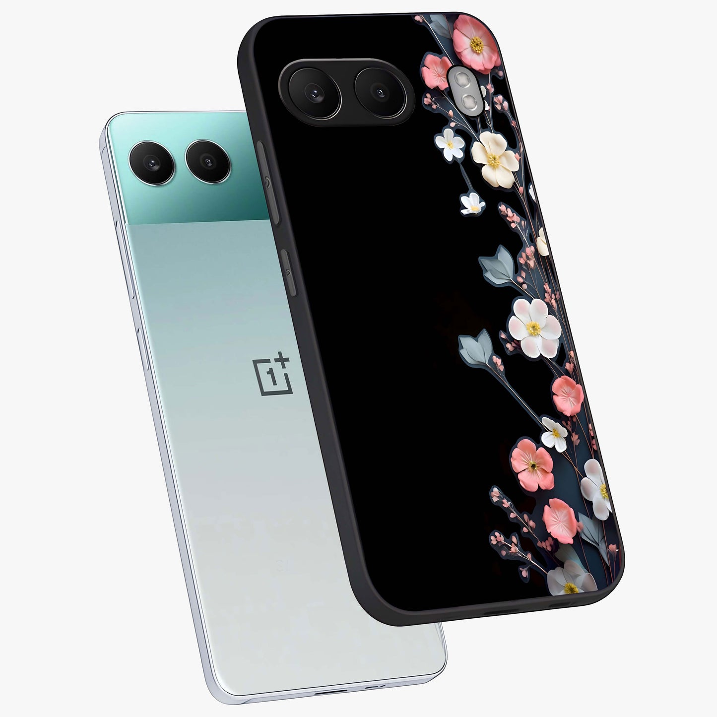Black Elegance Floral Custom Name Glass Case for 1+Nord 4 angled mockup showcasing glossy finish and sophisticated black theme