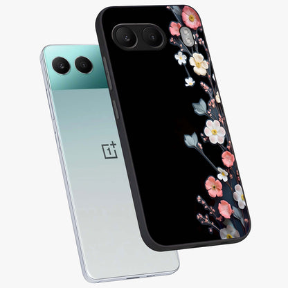 Black Elegance Floral Custom Name Glass Case for 1+Nord 4 angled mockup showcasing glossy finish and sophisticated black theme