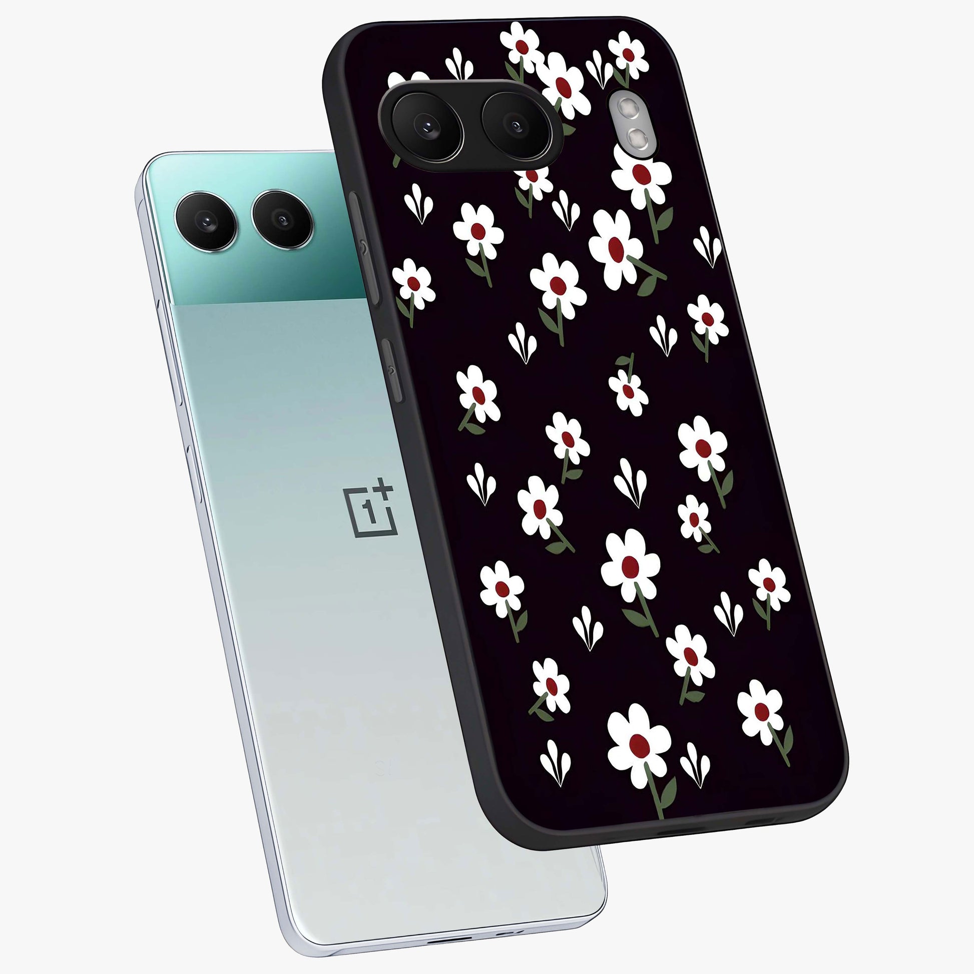 Black Prints Daisy Flower Pattern Glass Case for 1+Nord 4 angled mockup showcasing glossy finish and bold floral contrast