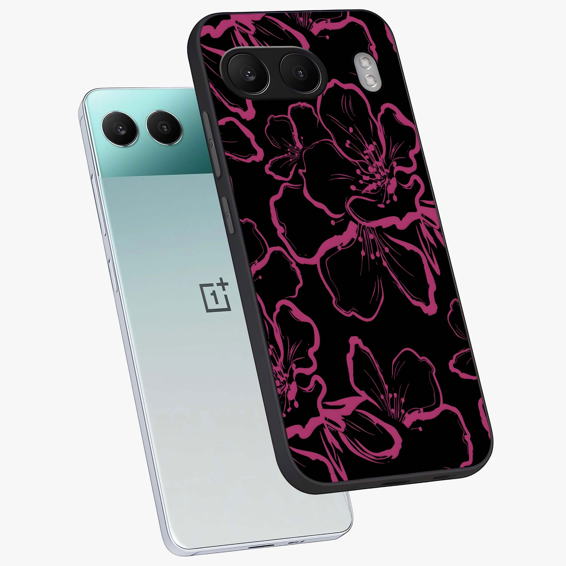 Black Violet Sketch Garden Glass Case for 1+Nord 4 angled mockup showcasing glossy finish and hand drawn garden design