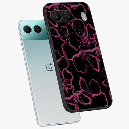 Black Violet Sketch Garden Glass Case for 1+Nord 4 angled mockup showcasing glossy finish and hand drawn garden design