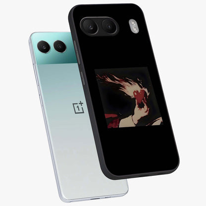 Blazing Heart Faith Glass Case for 1+Nord 4 captured at a warm angle highlighting bold flame tones, gloss, and edge clarity.