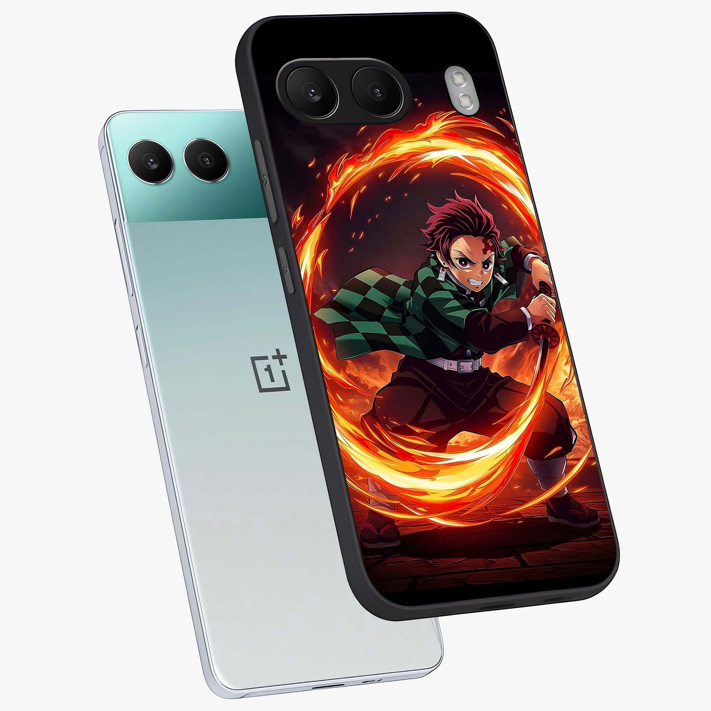 Blazing Sword Resolve Glass Case for 1+Nord 4 captured at a warm angle highlighting sharp fiery details, gloss, and edge clarity.