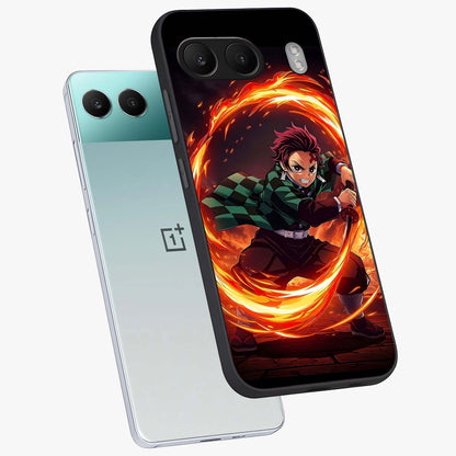 Blazing Sword Resolve Glass Case for 1+Nord 4 captured at a warm angle highlighting sharp fiery details, gloss, and edge clarity.