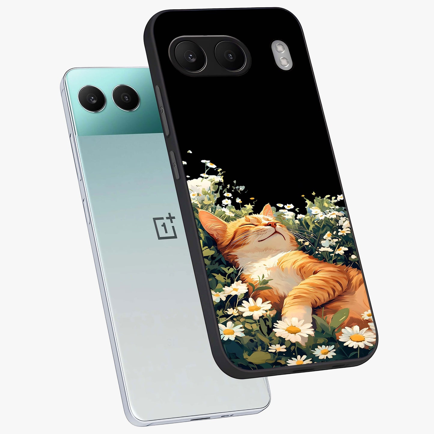 Blissful Bloom Cat Glass Case for 1+Nord 4 angled mockup showcasing glossy glass finish and vibrant bloom detailing