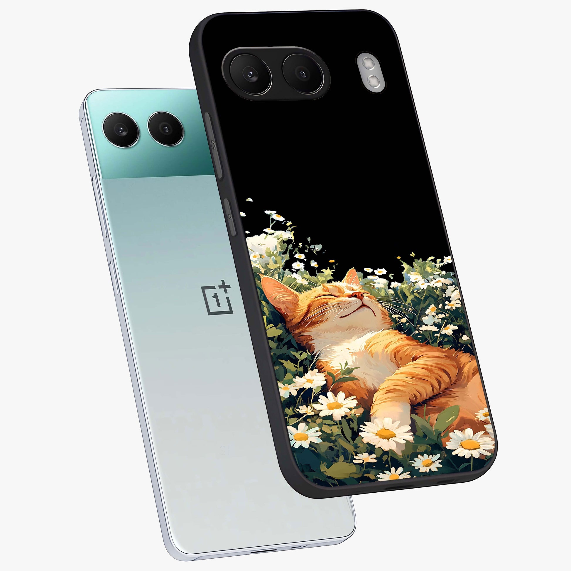 Blissful Bloom Cat Glass Case for 1+Nord 4 angled mockup showcasing glossy glass finish and vibrant bloom detailing