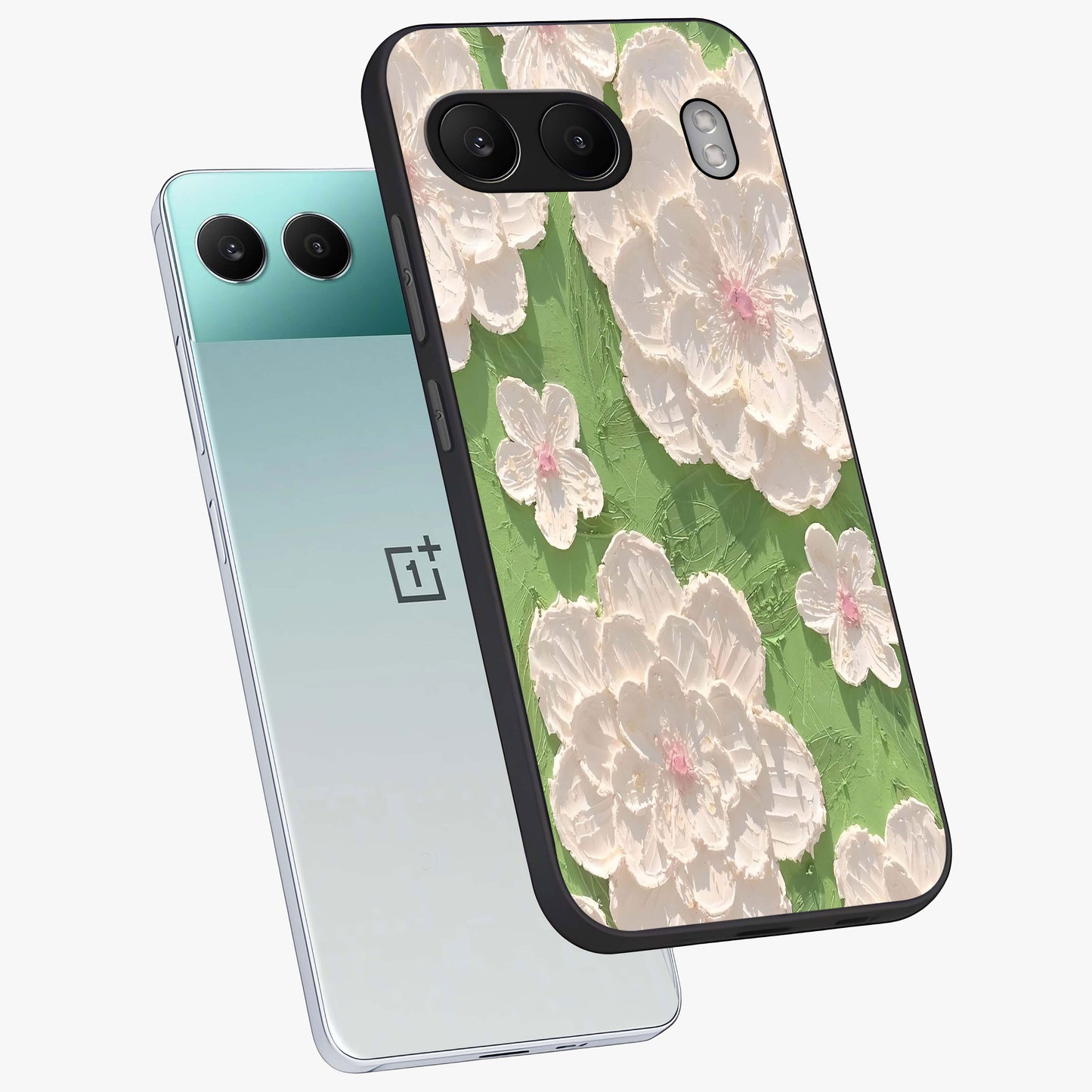 Blossom Meadow Dreams Glass Case for 1+Nord 4 angled mockup showcasing glossy finish and pastel bloom textures