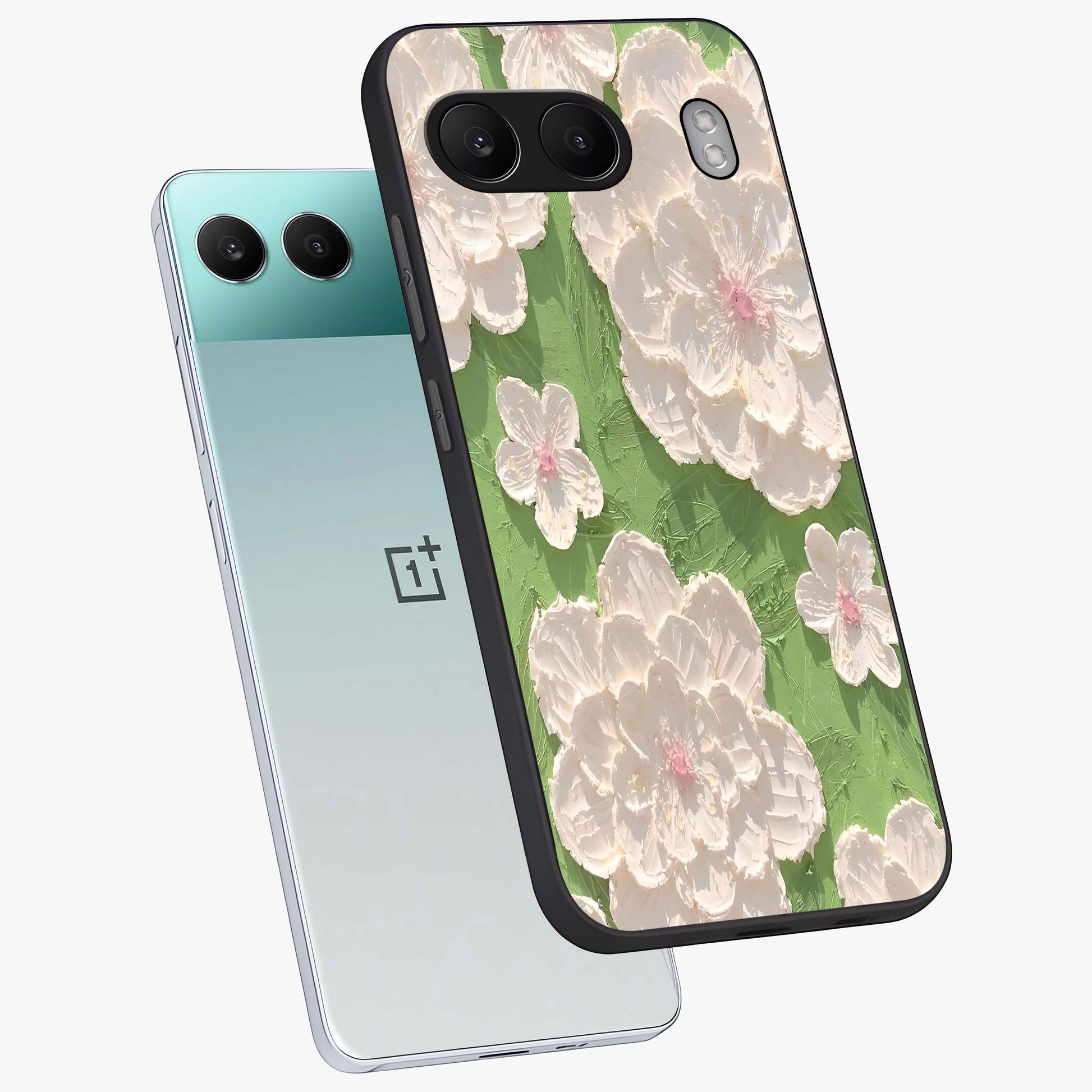 Blossom Meadow Dreams Glass Case for 1+Nord 4 angled mockup showcasing glossy finish and pastel bloom textures