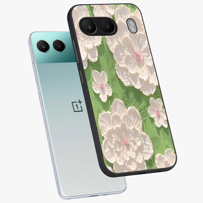 Blossom Meadow Dreams Glass Case for 1+Nord 4 angled mockup showcasing glossy finish and pastel bloom textures