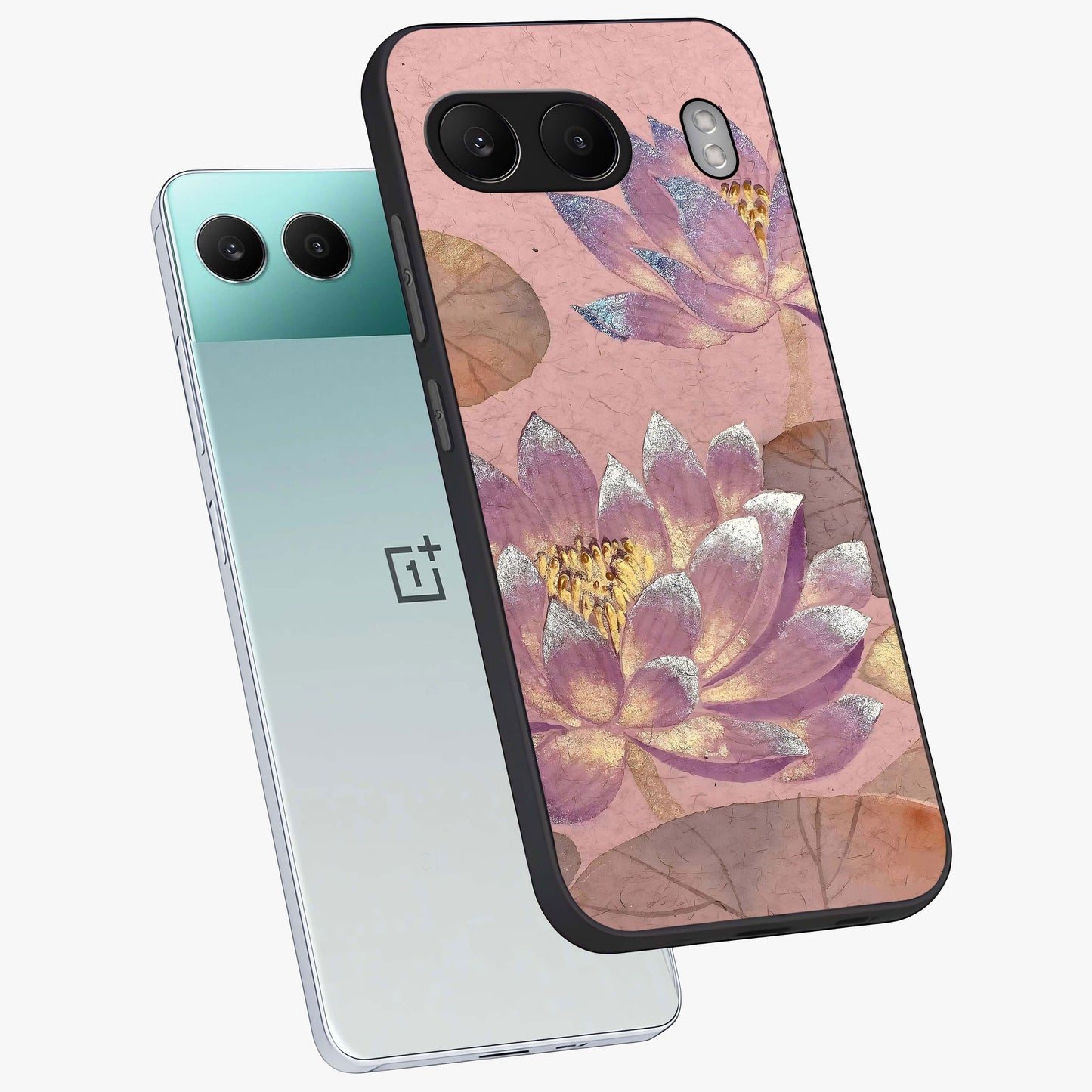 Blossom Mist Lotus Glass Case for 1+Nord 4 angled mockup showcasing glossy finish and peaceful floral detailing