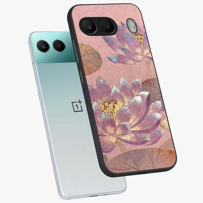 Blossom Mist Lotus Glass Case for 1+Nord 4 angled mockup showcasing glossy finish and peaceful floral detailing