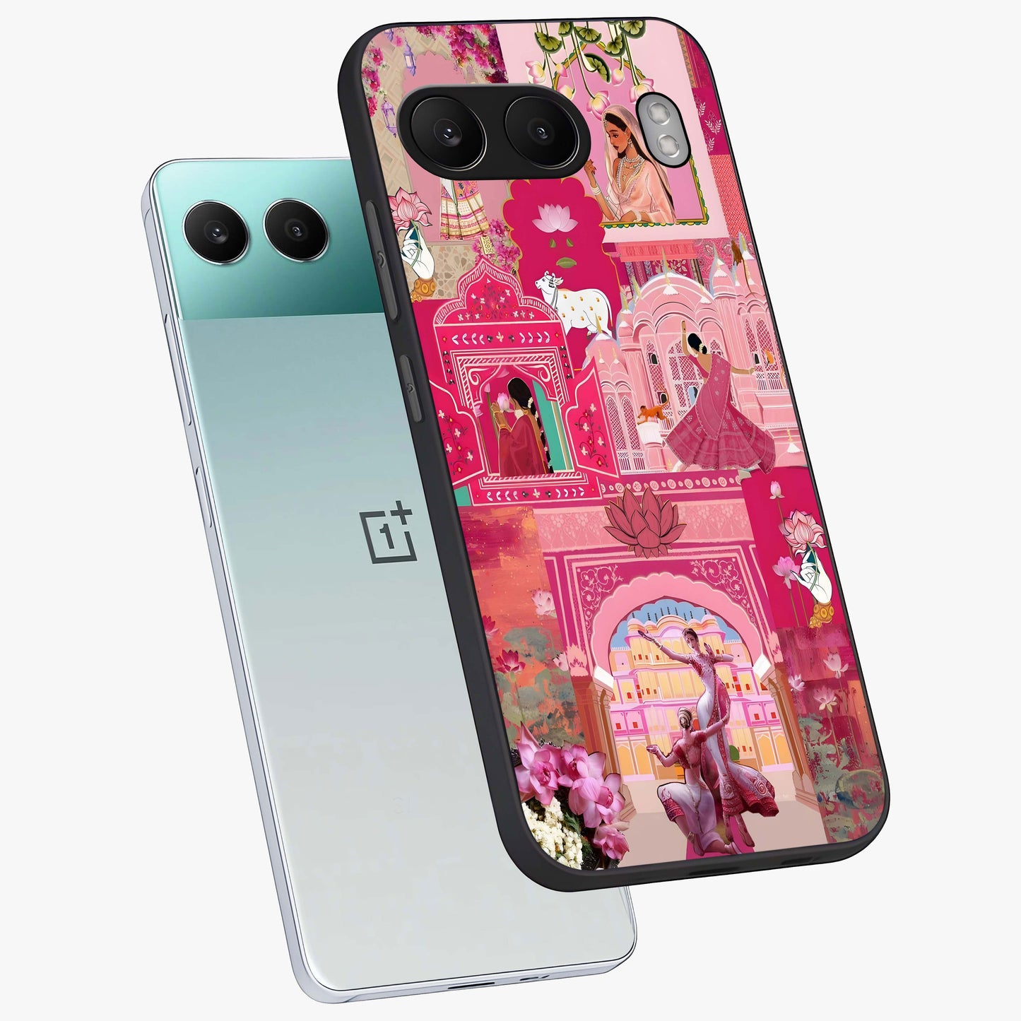 Blossoms of Rajasthan Glass Case for 1+Nord 4 angled mockup showcasing glossy finish and rich cultural patterns