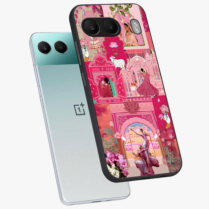 Blossoms of Rajasthan Glass Case for 1+Nord 4 angled mockup showcasing glossy finish and rich cultural patterns