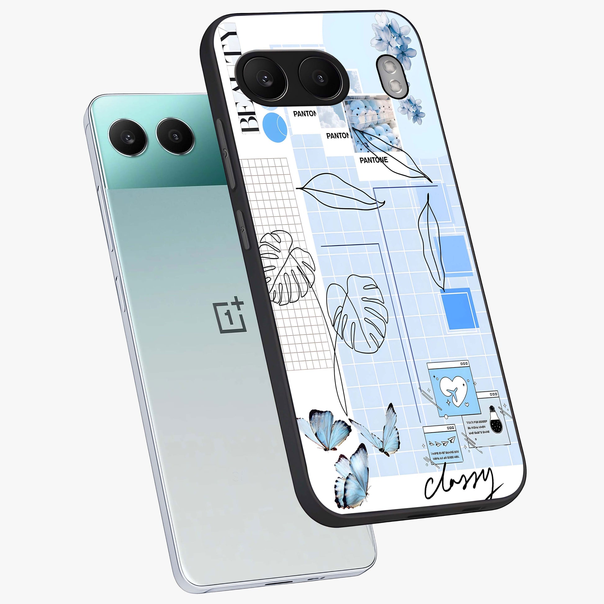 Blue Aesthetic Flower Glass Case for 1+Nord 4 angled mockup showcasing glossy finish and delicate bloom design