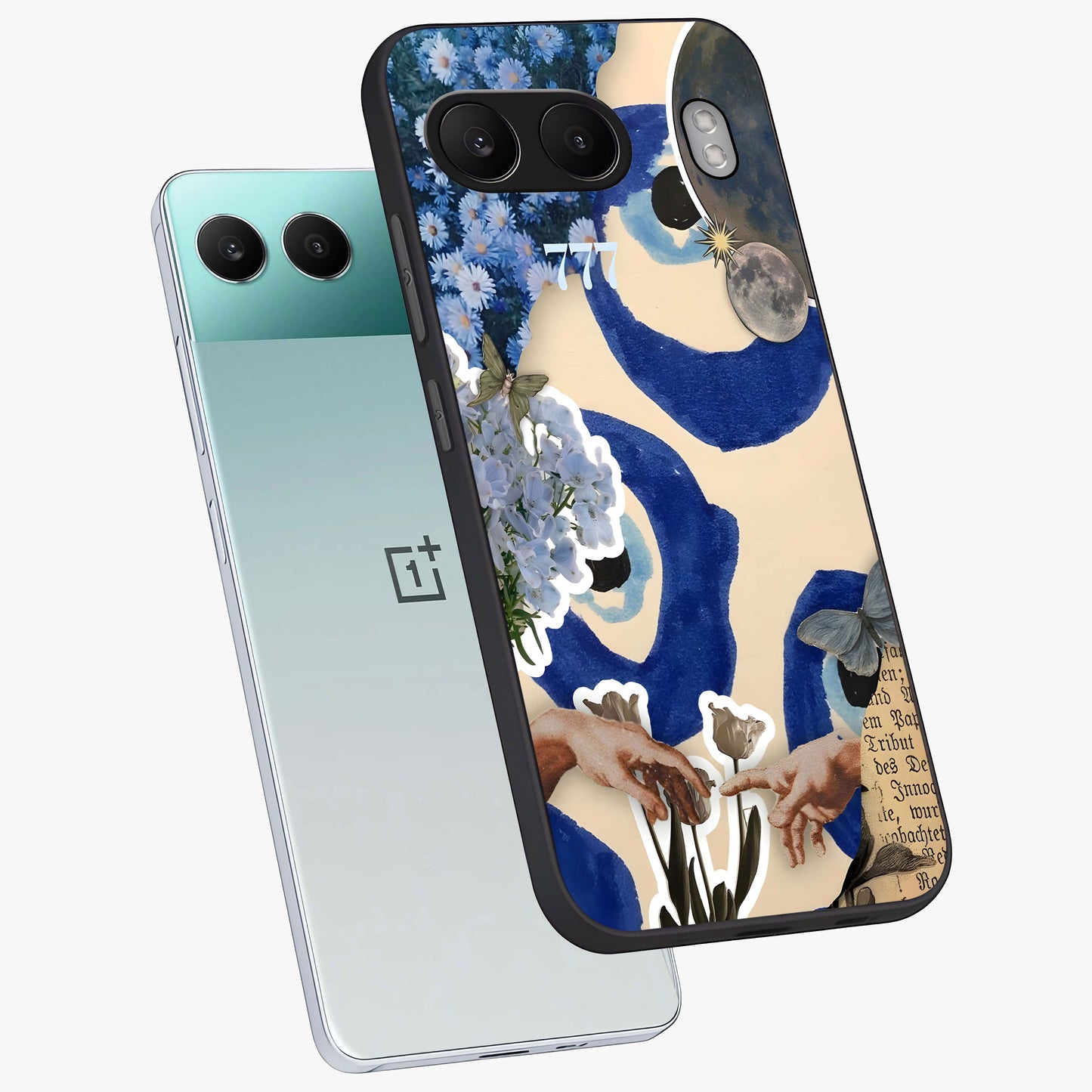 Blue Evil Divine Glass Case for 1+Nord 4 angled mockup showcasing glossy finish and striking blue symbol design