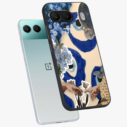 Blue Evil Divine Glass Case for 1+Nord 4 angled mockup showcasing glossy finish and striking blue symbol design