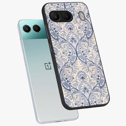Blue Paisley Bloom Glass Case for 1+Nord 4 angled mockup showcasing glossy finish and detailed ornamental design