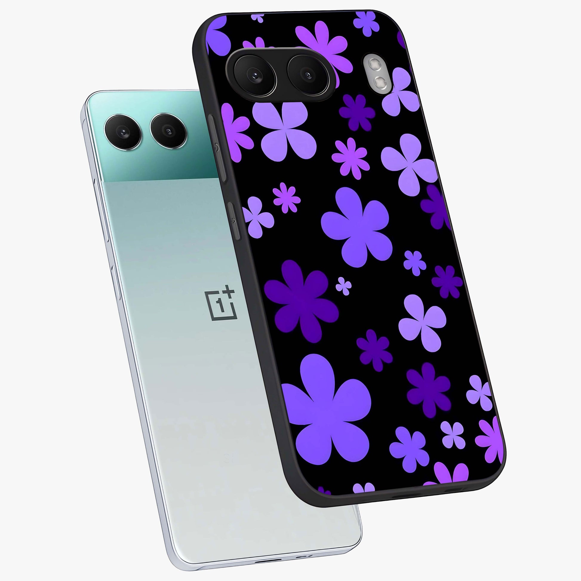 Blue Retro Pop Flowers Glass Case for 1+Nord 4 angled mockup showcasing glossy finish and playful pop flower design