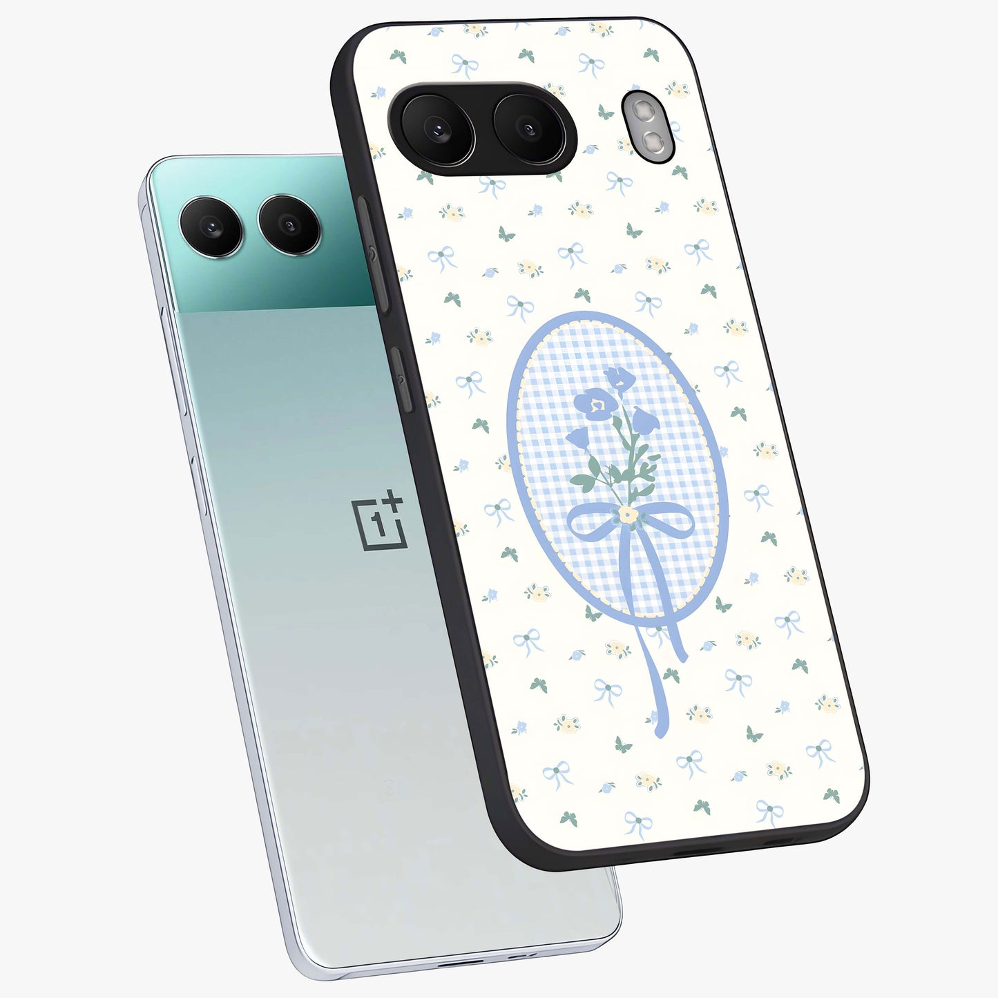 Blue Ribbon Bloom Glass Case for 1+Nord 4 angled mockup showcasing glossy finish and delicate bloom detailing