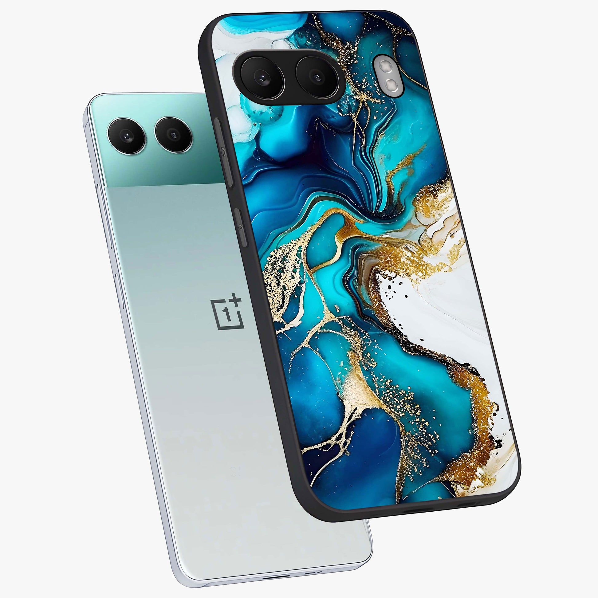 Blue and White Marble With Golden Viens Art Glass Case for 1+Nord 4 angled mockup showcasing glossy finish and premium marble pattern