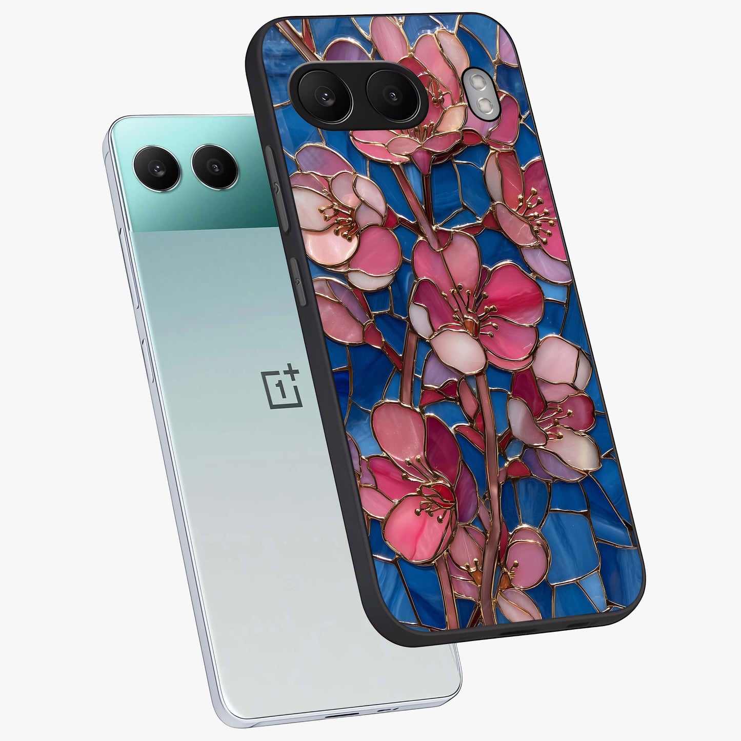 Blush Bloom Glass Case for 1+Nord 4 angled mockup showcasing glossy finish and elegant bloom design