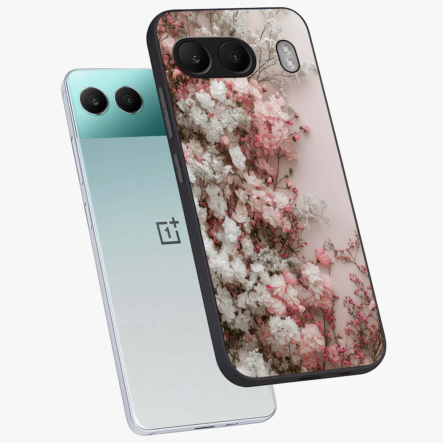 Blush Blossom Cloud Glass Case for 1+Nord 4 angled mockup showcasing glossy finish and pastel floral design