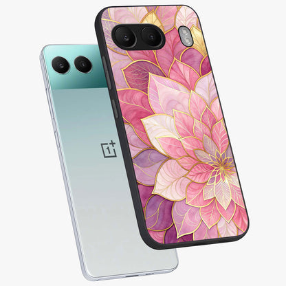 Blush Luxe Bloom Glass Case for 1+Nord 4 angled mockup showcasing glossy finish and premium bloom design