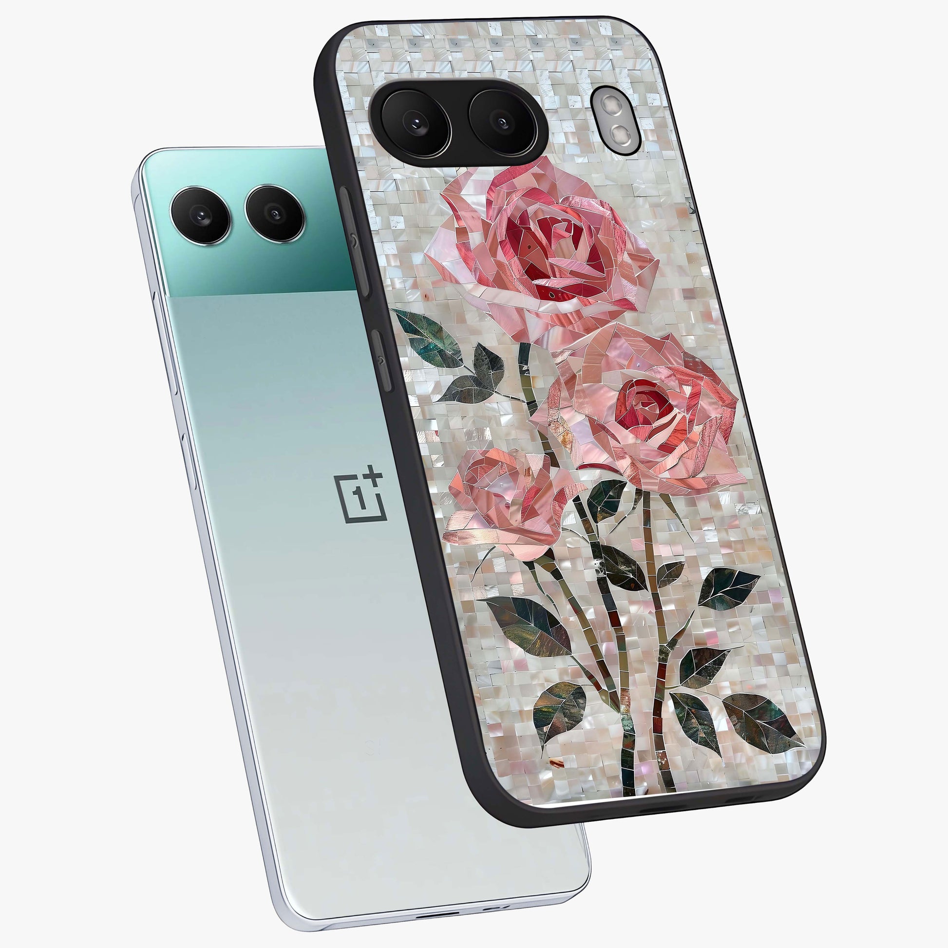 Blush Mosaic Bloom Glass Case for 1+Nord 4 angled mockup showcasing glossy finish and detailed mosaic patterns