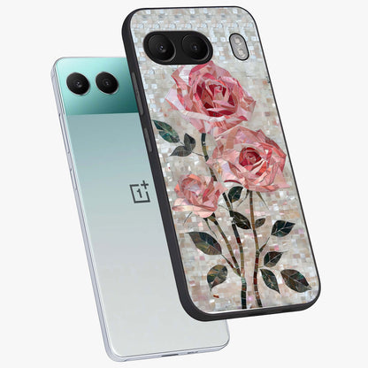 Blush Mosaic Bloom Glass Case for 1+Nord 4 angled mockup showcasing glossy finish and detailed mosaic patterns