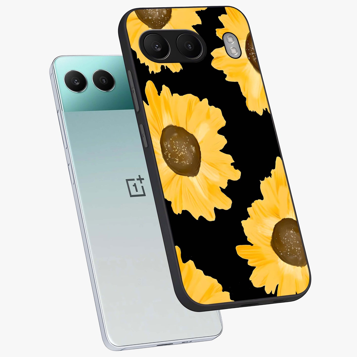 Bold Sunflowers Glow Glass Case for 1+Nord 4 angled mockup showcasing glossy glass finish and bright floral detailing
