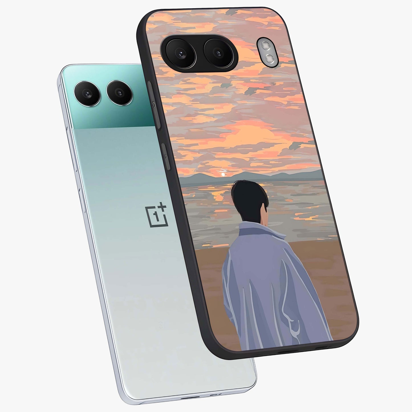 Boy Facing Sunset Beach Glass Case for 1+Nord 4 angled mockup showcasing glossy finish and warm beach tones