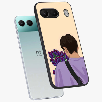 Boy Holding Flowers Glass Case for 1+Nord 4 angled mockup showcasing glossy finish and gentle pastel artwork