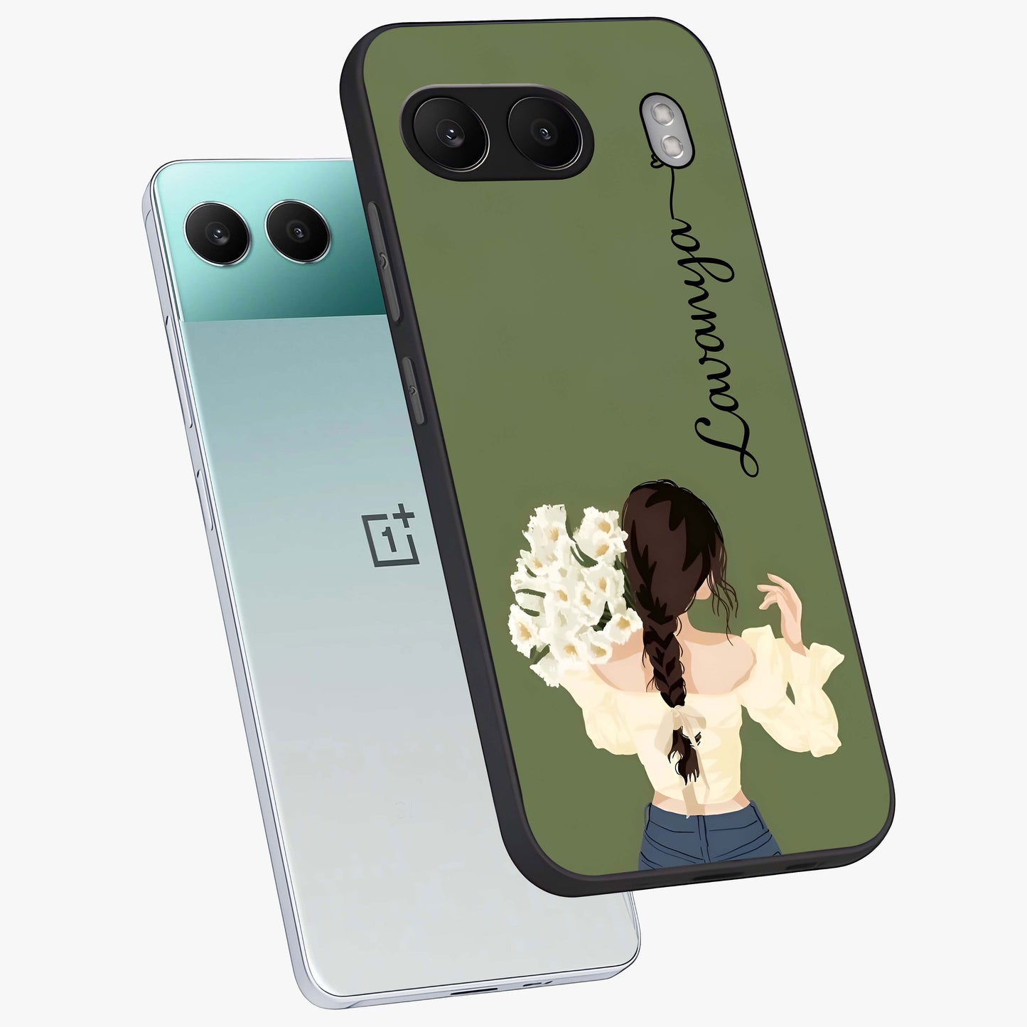 Braided Spring Beauty With Custom Name Glass Case for 1+Nord 4 angled mockup showcasing glossy finish and spring inspired detailing