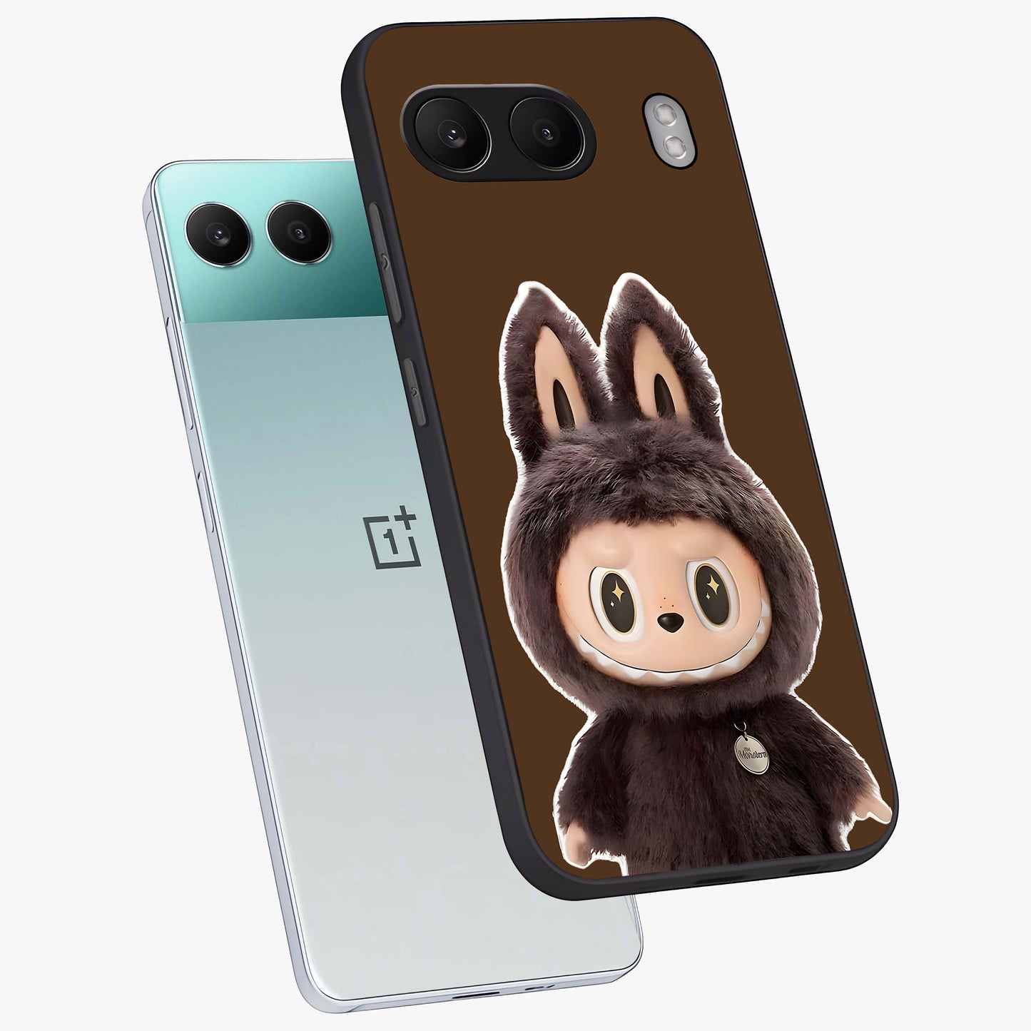 Brown Labubu Design Glass Case for 1+Nord 4 angled mockup showcasing glossy finish and detailed cartoon illustration