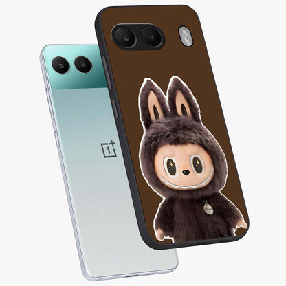 Brown Labubu Design Glass Case for 1+Nord 4 angled mockup showcasing glossy finish and detailed cartoon illustration