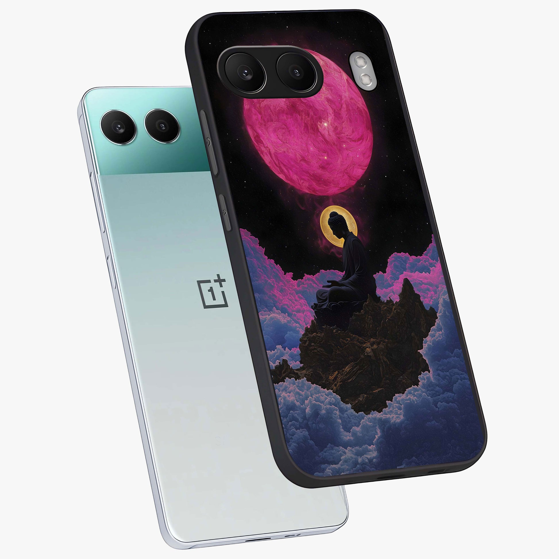 Buddha and Planets Glass Case for 1+Nord 4 angled mockup showcasing glossy finish and spiritual cosmic design