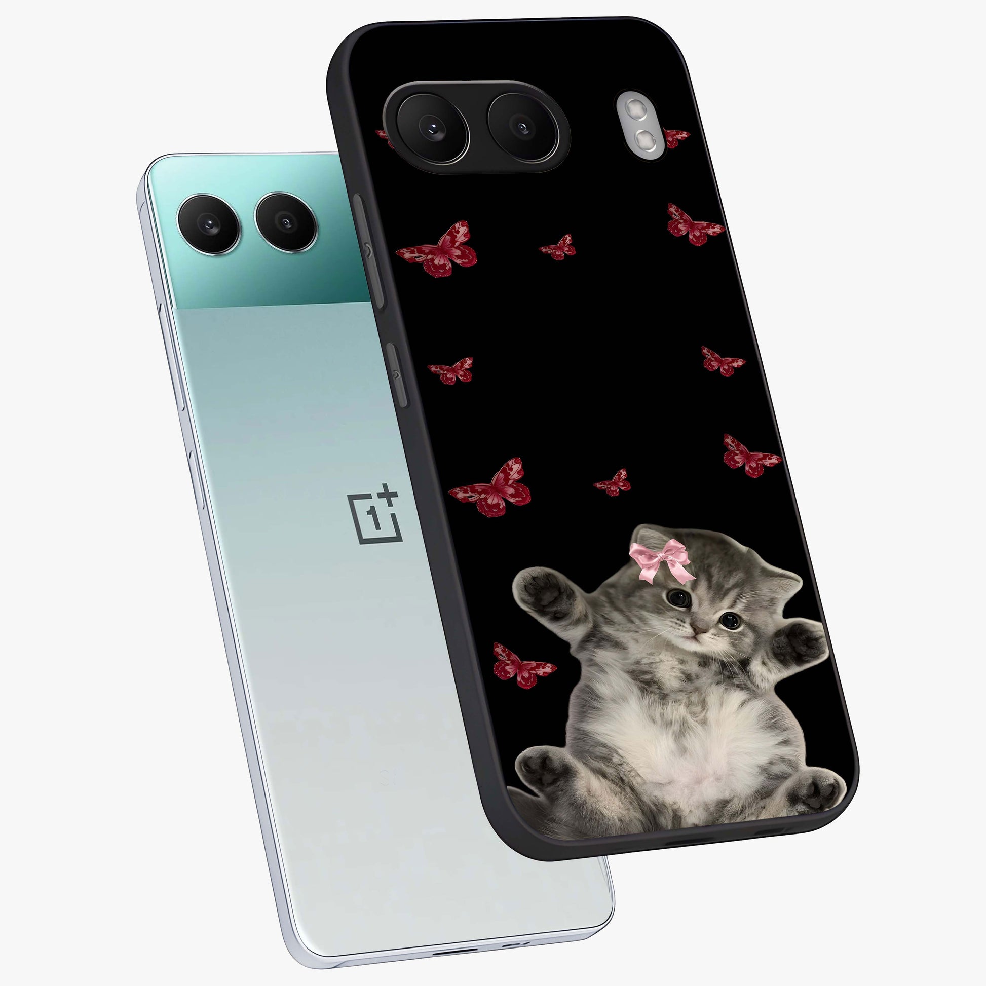 Butterfly Cat Bliss Glass Case for 1+Nord 4 angled mockup showcasing glossy finish and soft pastel tones