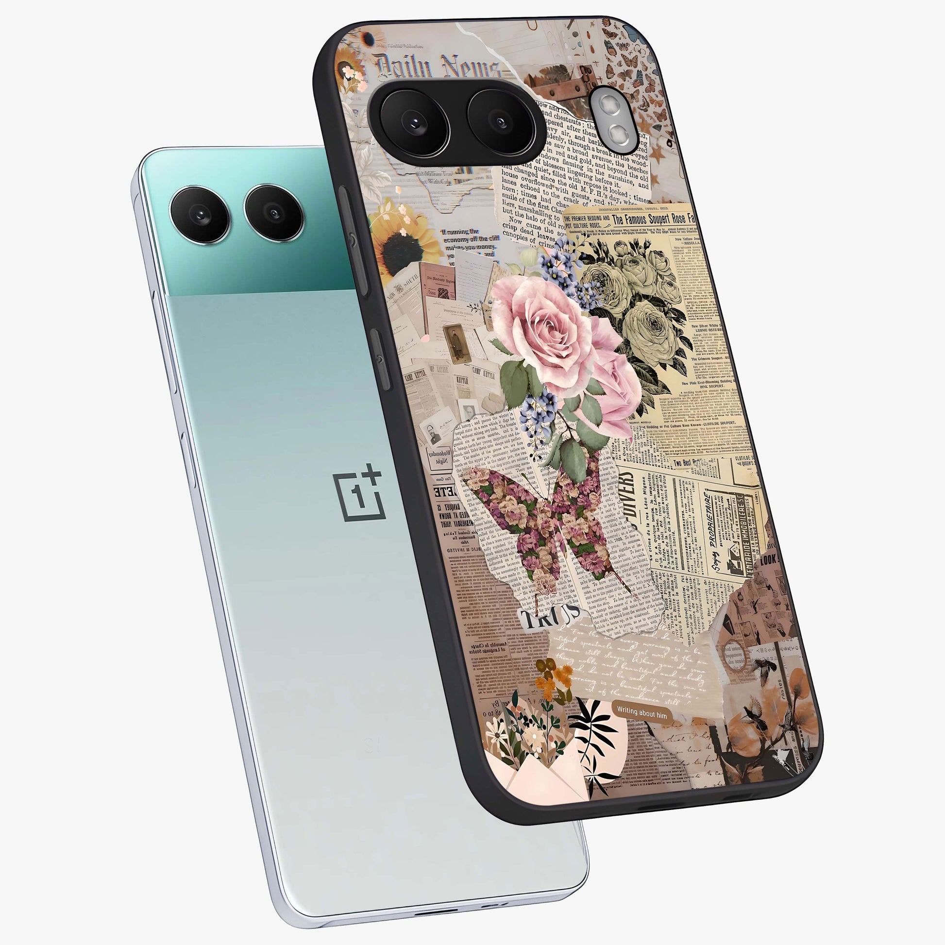 Butterfly News Bloom Glass Case for 1+Nord 4 angled mockup showcasing glossy finish and vibrant nature design