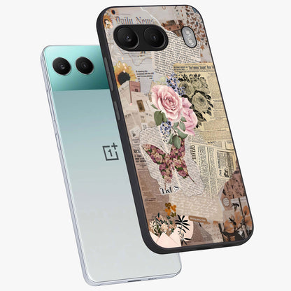 Butterfly News Bloom Glass Case for 1+Nord 4 angled mockup showcasing glossy finish and vibrant nature design