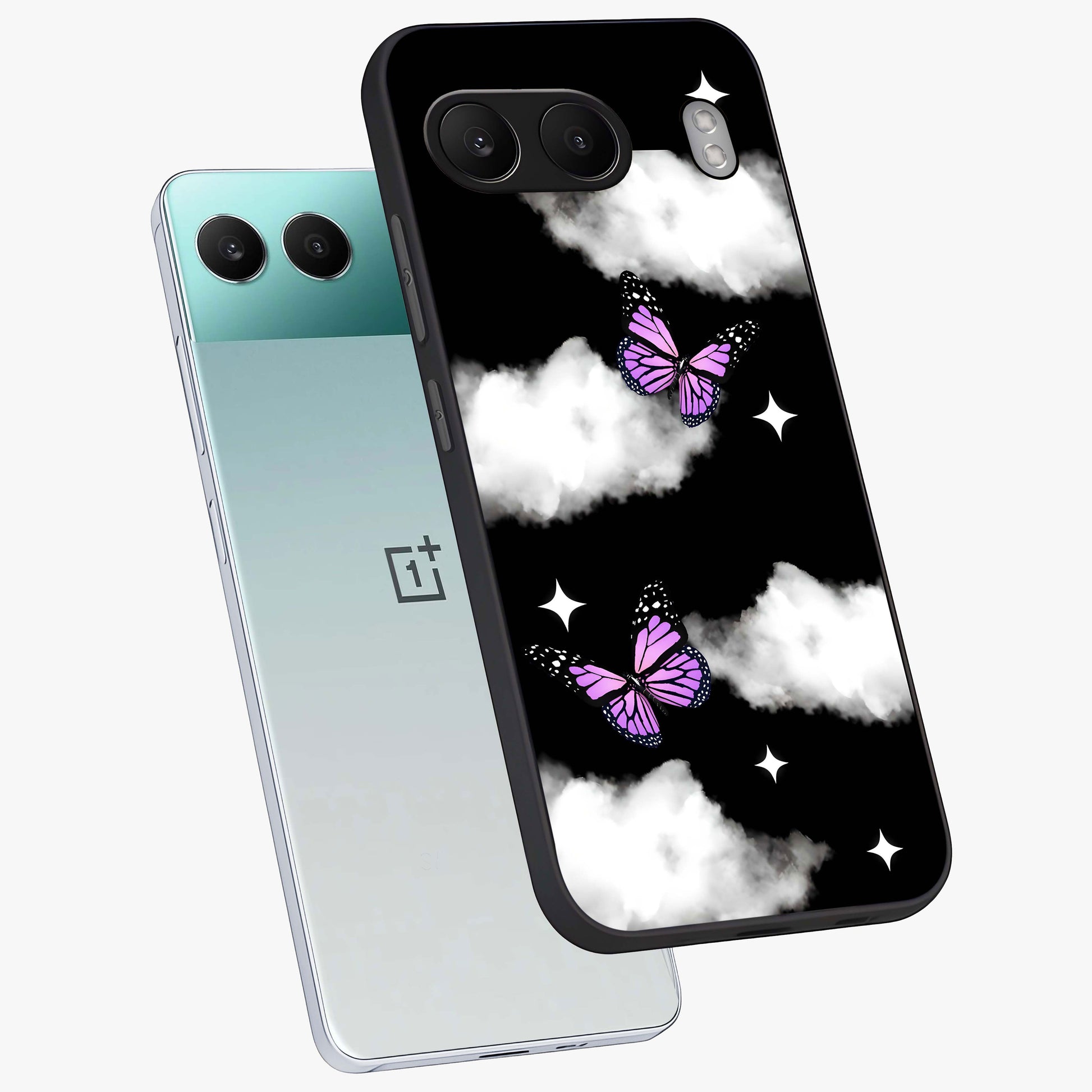 Butterfly Night Drift Glass Case for 1+Nord 4 angled mockup showcasing glossy finish and deep midnight gradients