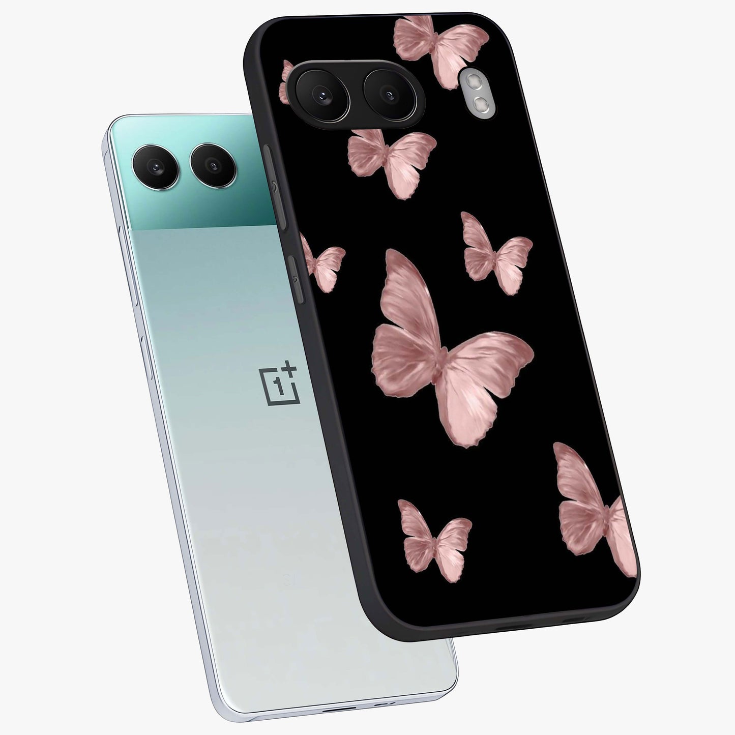 Butterfly Pattern Glass Case for 1+Nord 4 angled mockup showcasing glossy glass finish and delicate wing design