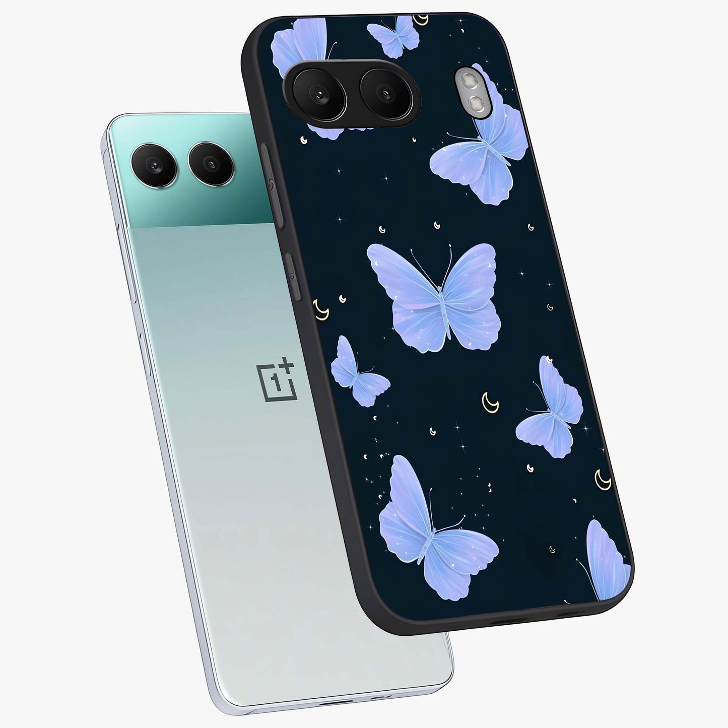 Butterfly With Stars Pattern Glass Case for 1+Nord 4 angled mockup showcasing glossy finish and celestial inspired design