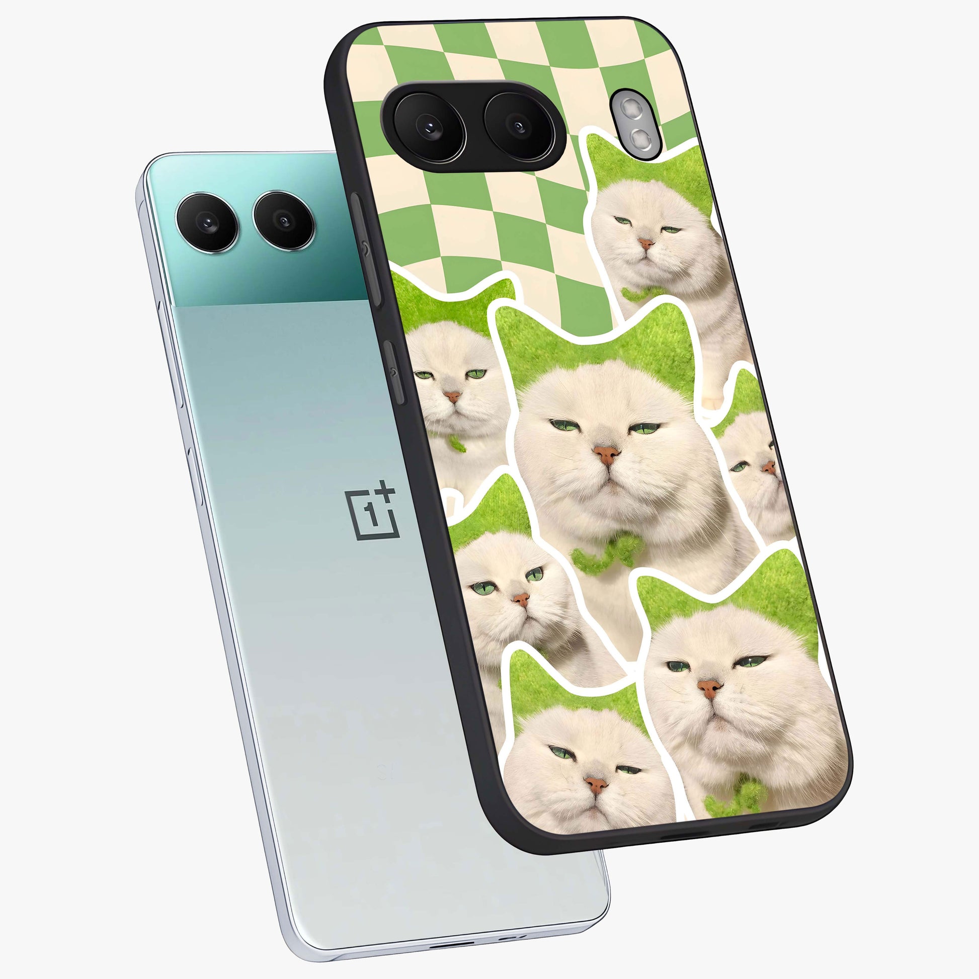 Cats Ethereal Bloom Glass Case for 1+Nord 4 angled mockup showcasing glossy finish and dreamy pastel tones