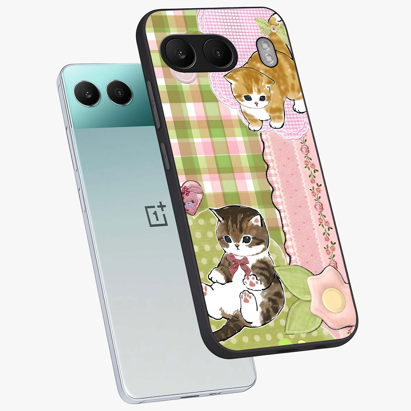 Cats Sweet Button Glass Case for 1+Nord 4 angled mockup showcasing glossy finish and charming character design